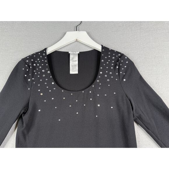 WOLFORD Scoop Neck Jersey Top Sz M Black Crystals Eveningwear Holiday 3/4 Sleeve - Picture 2 of 6